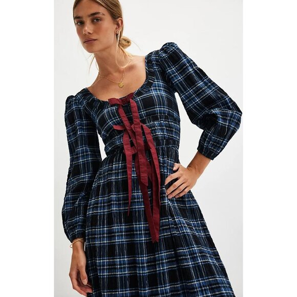 Free People Damson Madder Plaid Dakota Bow Dress Size 2 XS - Picture 3 of 5